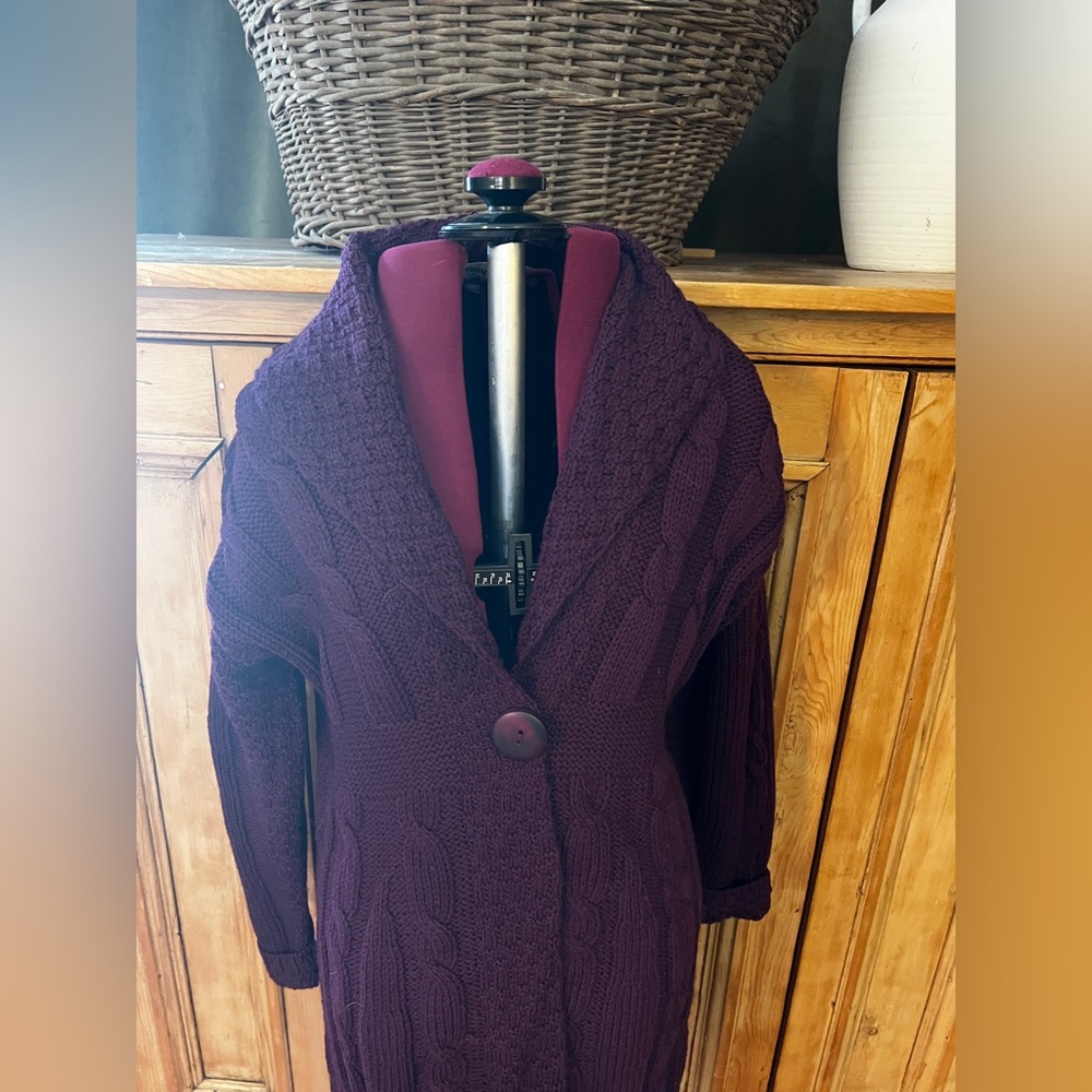Aran Crafts‎ Ireland Merino Wool One Button Long Knit Cardigan Sweater Small 💜